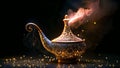 Aladdins mysterious lamp with glowing fire and smoke on dark magical background