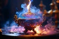 Aladdins mysterious lamp with glowing fire and smoke on a dark magical background. Generative AI illustration