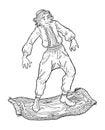 Aladdin. Man in Arabic clothes flying on flying carpet. Fairy tale cartoon character. Royalty Free Stock Photo