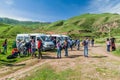 ALAMEDIN, KYRGYZSTAN - MAY 21, 2017: Participants of Trekking Union of Kyrgyzstan trip to Alamedin valle