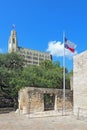 Alamo grounds, Texas flag and and Emily Morgan Hotel Royalty Free Stock Photo