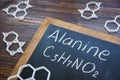 Alanine and chemical formula with plastic models. Royalty Free Stock Photo