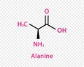 Alanine chemical formula. Alanine structural chemical formula isolated on transparent background.