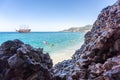 Beach of Cleopatra with sea and rocks of Alanya peninsula, Antalya, Turkey Royalty Free Stock Photo