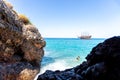 Beach of Cleopatra with sea and rocks of Alanya peninsula, Antalya, Turkey. Royalty Free Stock Photo