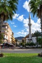 Alanya tropical cityscape with Hasan Senli Saray Cami Mosque on Belen Sk Street. Exotic Muslim