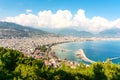 Alanya Turkey aerial view. Panorama cityscape and landscape of the Turkish city and riviera in summer.