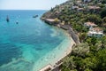 View over old harbour walls, medieval shipyard Tersane and Tersane plaji beach in Alanya, Turkey