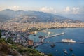 Alanya, Turkey. August 30, 2020. View of walls of the ancient fortress, Kyzyl Kule towers and the lighthouse in Alanya in