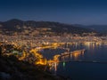 Alanya, Turkey. Beautiful night panoramic top view of the city Alanya, the Mediterranean Sea, the red tower, the lighthouse Royalty Free Stock Photo