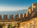 Alanya, Turkey. Beautiful view from the fortress Alanya Castle of the Mediterranean Sea and Cleopatra beach at sunset. Vacation Royalty Free Stock Photo