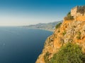Alanya, Turkey. Beautiful view from the fortress Alanya Castle of the Mediterranean Sea and Cleopatra beach at sunset. Vacation Royalty Free Stock Photo