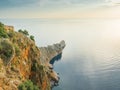 Alanya, Turkey. Beautiful view from the fortress Alanya Castle of the Mediterranean Sea and cliffs at sunset. Vacation postcard Royalty Free Stock Photo