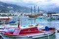 Alanya, Turkey, 05/07/2019: Boats with ships in the marina in the resort town on the sea