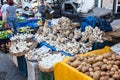 Alanya, Turkey-circa Oct, 2020: Garlic and potatoes are on sale in local market in city. Seasonal vegetables and fruits are on