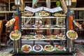 Alanya, Turkey, 05/07/2019: Dummies of dishes from the restaurant menu on the shop window in the street