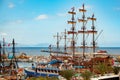 People having fun in vintage pirate ships at the dock in Alanya Turkey