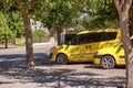 Alanya, Turkey - May 26: Yellow taxi on the road on bright sunny day. Travel Turkey concept.