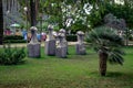 Group of stone abstract geometric sculptures in a park on promenade of Kleopatra beach in