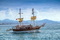 ALANYA,TURKEY - OCTOBER 15 2014: Pirate ship on the water of Mediteranean Sea. Ship traveling around Alanya peninsula