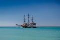 ALANYA,TURKEY - OCTOBER 15 2014: Pirate ship on the water of Mediteranean Sea. Ship traveling around Alanya peninsula
