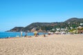 Seascape of Cleopatra Beach in Alanya. Beautiful tropical panorama with people having a rest on