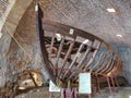 Alanya, Turkey - 30 september, 2019: The wooden frame of an ancient floating ship in the form of a museum exhibit in old Turkish