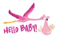 Hello baby - Baby Shower illustration with flamingo stork. Typography illustration for new born.