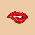 Bite sexy lips drawing - Red lips biting retro icon isolated on skin color background.