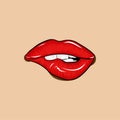 Bite sexy lips drawing - Red lips biting retro icon isolated on skin color background. Royalty Free Stock Photo
