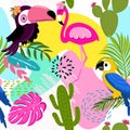 Toucan, Flamingo, Parrot, Cute tropical leaves and plants pattern background Royalty Free Stock Photo