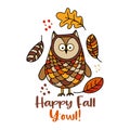 Happy Fall Y`all - Hand drawn vector illustration with cute Owl and falling leaves. Royalty Free Stock Photo