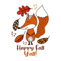 Happy Fall Y`all - Hand drawn vector illustration with cute fox