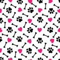 Cute dog paw, hearts and dog bone pattern