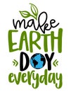 Make Earth Day everyday - text quotes and planet earth drawing with eco friendly quote