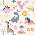 Dino friends. Funny cartoon dinosaurs, bones, and eggs. Cute t rex, characters.