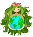 Happy Mother Earth Day - vector Planet Earth and beautiful Mother drawing with flower wreath.