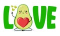 Love Avocado - Cute hand drawn avocado couple illustration kawaii style.