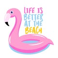 Life is better at the beach - pink float inflatable flamingo on white background with lovely quote.