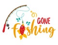 Gone fishing - funny typography with lovely fish on fishing rod. Royalty Free Stock Photo