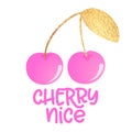 Cherry nice - Cute cherry fruit in love. Funny cartoon doodle draw.