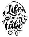 Life is better at the lake - funny typography with lovely fish on fishing rod. Royalty Free Stock Photo