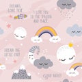 Clouds sky night scene pattern design for kids nursery - funny hand drawn doodle, seamless pattern