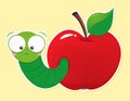 Cute green worm in red apple. Back to school character smart catterpillar animal illustration Royalty Free Stock Photo