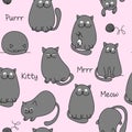 Cute cat pattern with several gray cats, isolated on pink background - funny drawing seamless pattern.