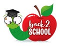 Back to school. Smart worm, studens, in red apple wit graduate cap