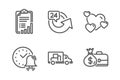 Alarm bell, 24 hours and Heart icons set. Checklist, Truck transport and Salary signs. Time, Repeat. Vector