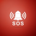 Alarm bell and SOS lettering icon isolated on red background. Warning bell, help sign. Emergency SOS button Royalty Free Stock Photo