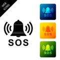 Alarm bell and SOS lettering icon isolated. Warning bell, help sign. Emergency SOS button. Set icons colorful square Royalty Free Stock Photo