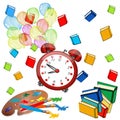 Alarm big red clock ,color balloons and books